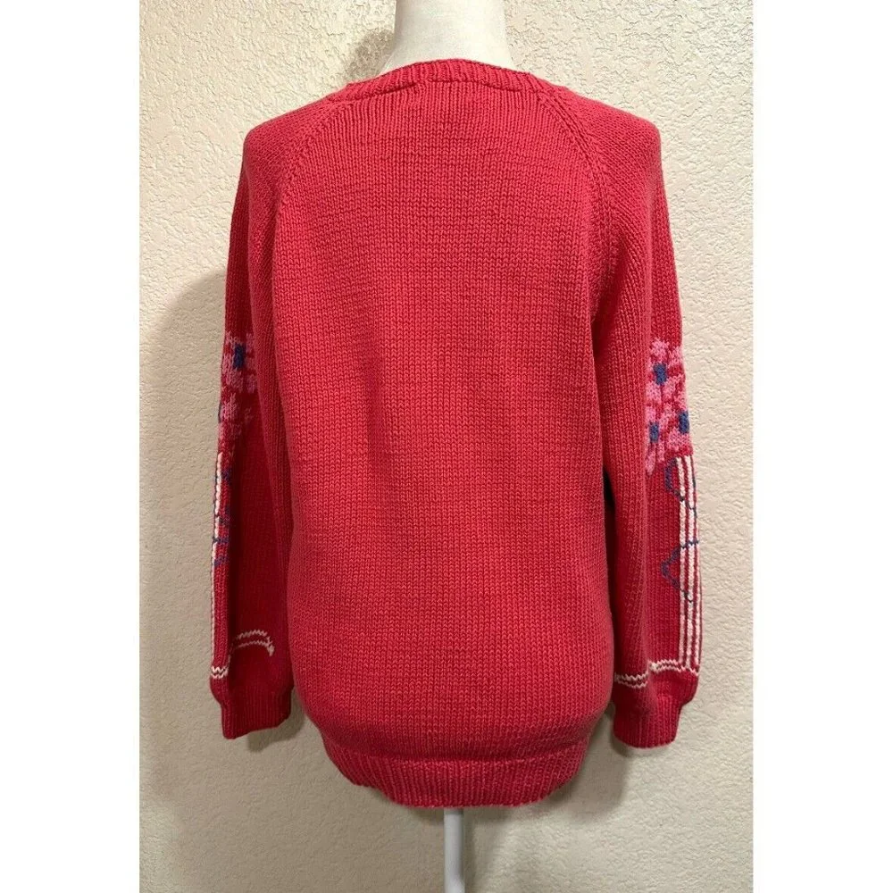 Izod Club Vintage 80s Pink Hand-Knit Floral Sweater